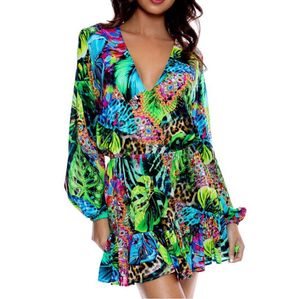 Luli Fama Tropical Deep V Long Sleeve Mini Dress XS